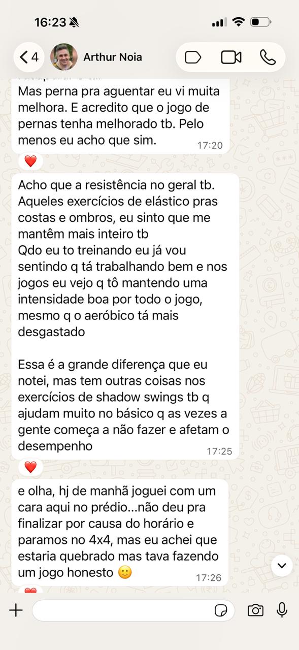 Continuação da conversa sobre resistência geral e exercícios de shadow swings